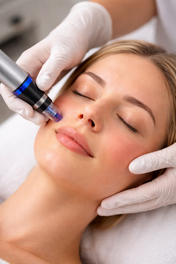 Gesicht bei der Behandlung Microneedling